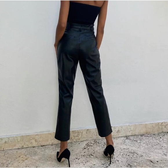 Babaton Black Belted Vegan Faux Leather High Rise Trouser Pant - Picture 2 of 15